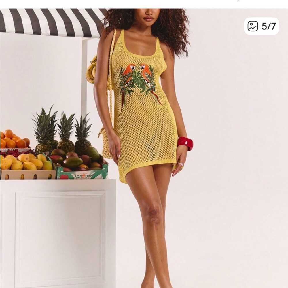 MODA ME COUTURE MUSERA Yellow Crochet Halter Cover-Up with Parrot Motif - Picture 5 of 7